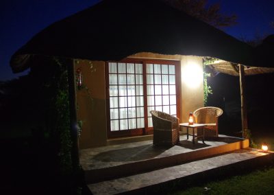 A chalet at night